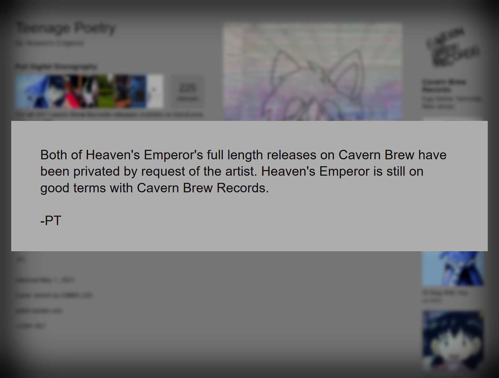 A songless Bandcamp page. The message on it is magnified: "Both of Heaven's Emperor's full length releases on Cavern Brew have been privated by request of the artist. Heaven's Emperor is still on good terms with Cavern Brew Records. -PT"