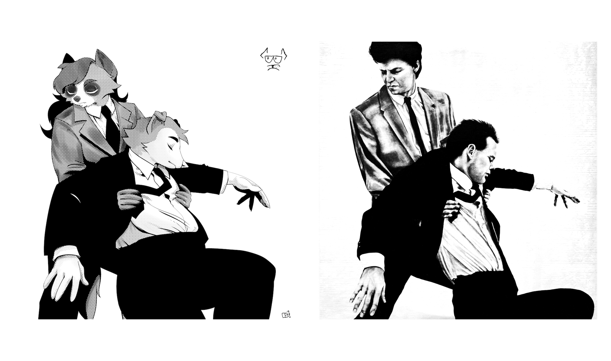The same cover art from before is juxtaposed with its origin: a monochrome photograph showing two humans in suits in the same trust-fall situation.
